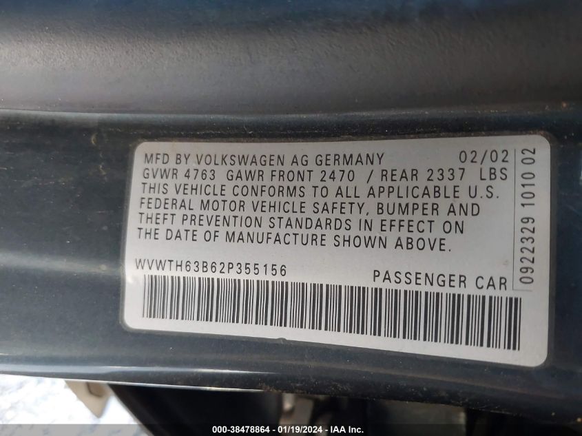 WVWTH63B62P355156 2002 Volkswagen Passat Glx