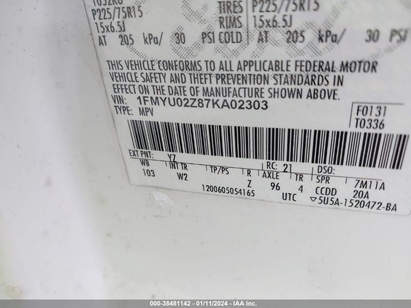 1FMYU02Z87KA02303 2007 Ford Escape Xls/Xls Manual