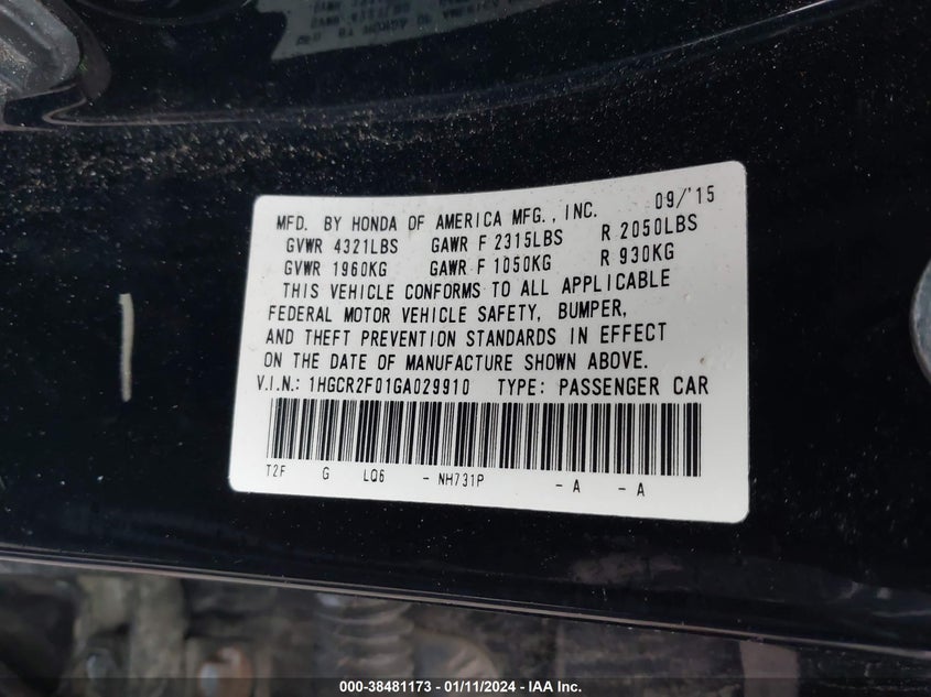 1HGCR2F01GA029910 2016 Honda Accord Ex