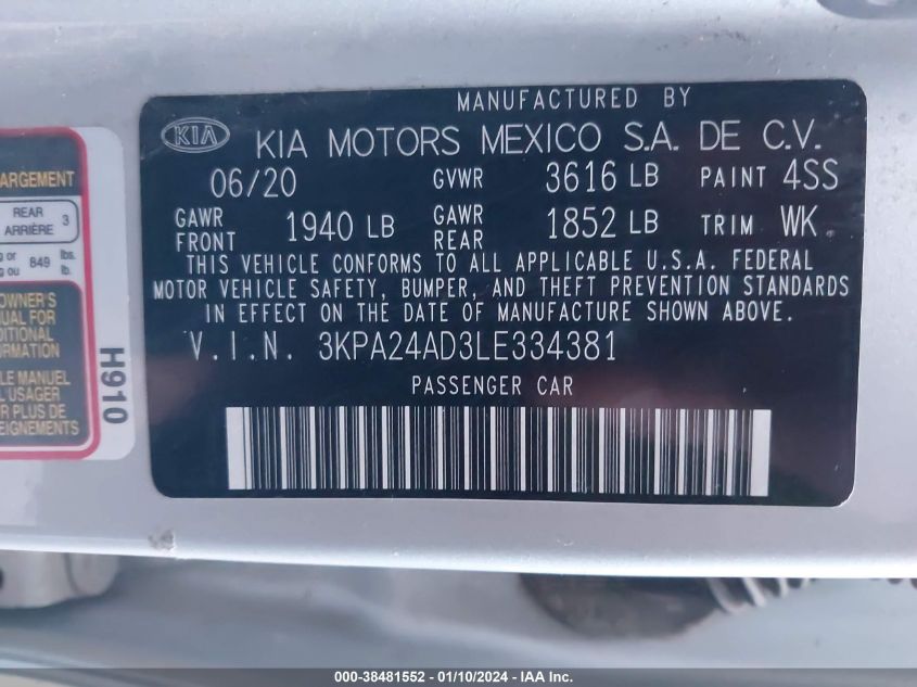 2020 Kia Rio S VIN: 3KPA24AD3LE334381 Lot: 38481552