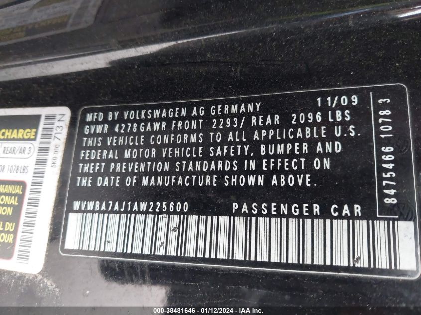 2010 Volkswagen Golf 2-Door VIN: WVWBA7AJ1AW225600 Lot: 38481646