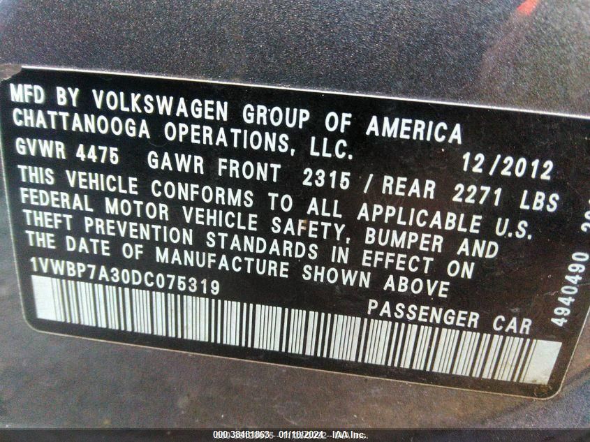 2013 Volkswagen Passat 2.5L Se VIN: 1VWBP7A30DC075319 Lot: 38481863