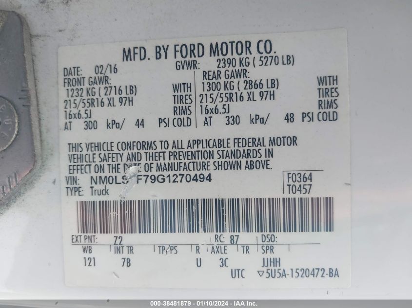 NM0LS7F79G1270494 2016 Ford Transit Connect Xlt