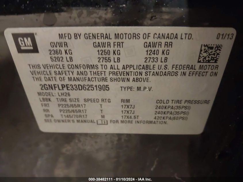 2GNFLPE33D6251905 2013 Chevrolet Equinox 2Lt