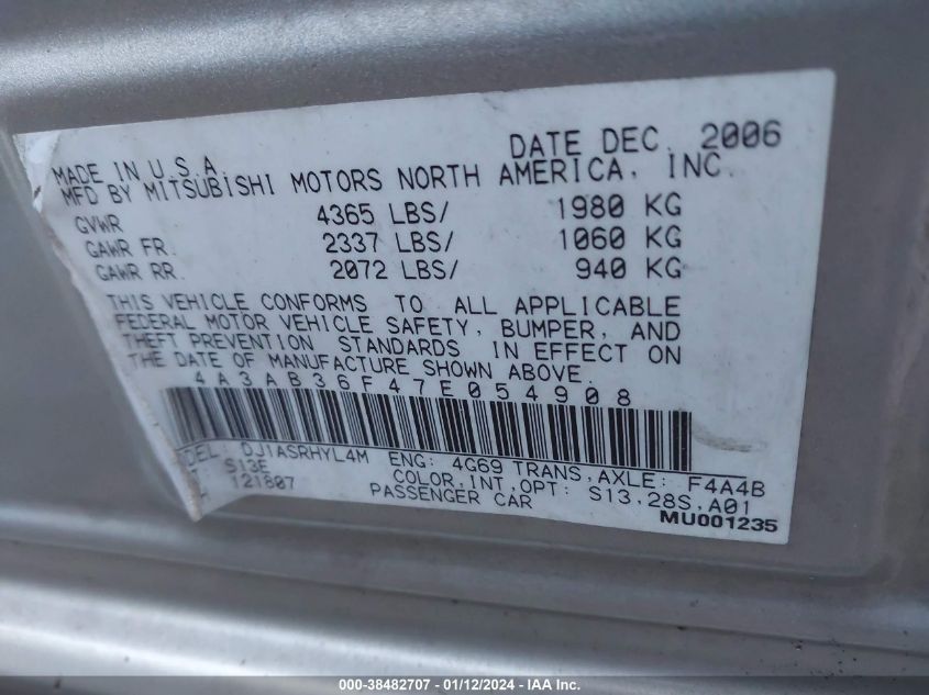 4A3AB36F47E054908 2007 Mitsubishi Galant Es/Se