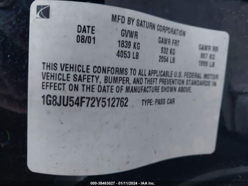 2002 Saturn Ls L200 (A4) VIN: 1G8JU54F72Y512762 Lot: 38483027