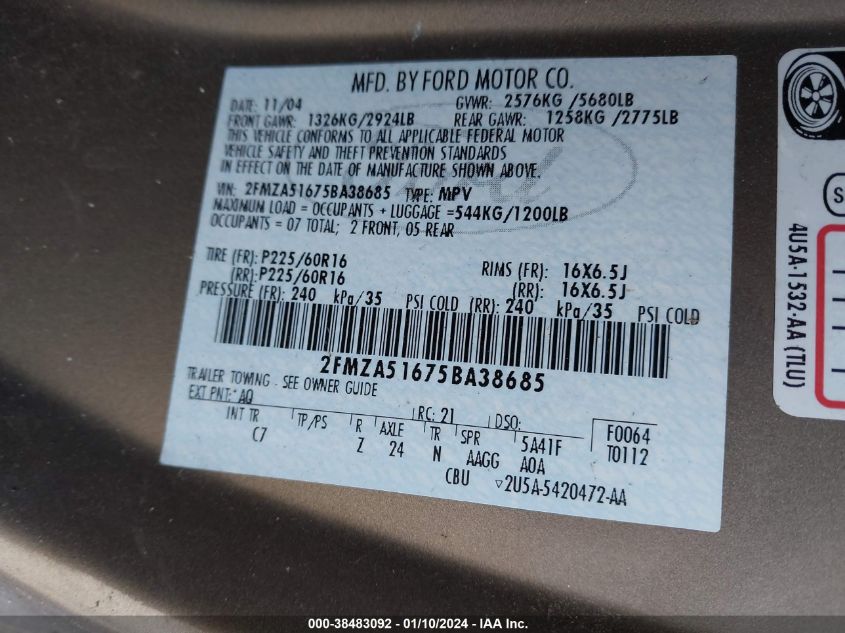 2FMZA51675BA38685 2005 Ford Freestar Se