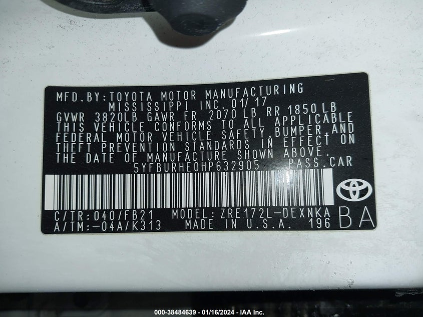 5YFBURHE0HP632905 2017 Toyota Corolla Le