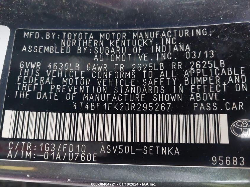 4T4BF1FK2DR295267 2013 Toyota Camry Le