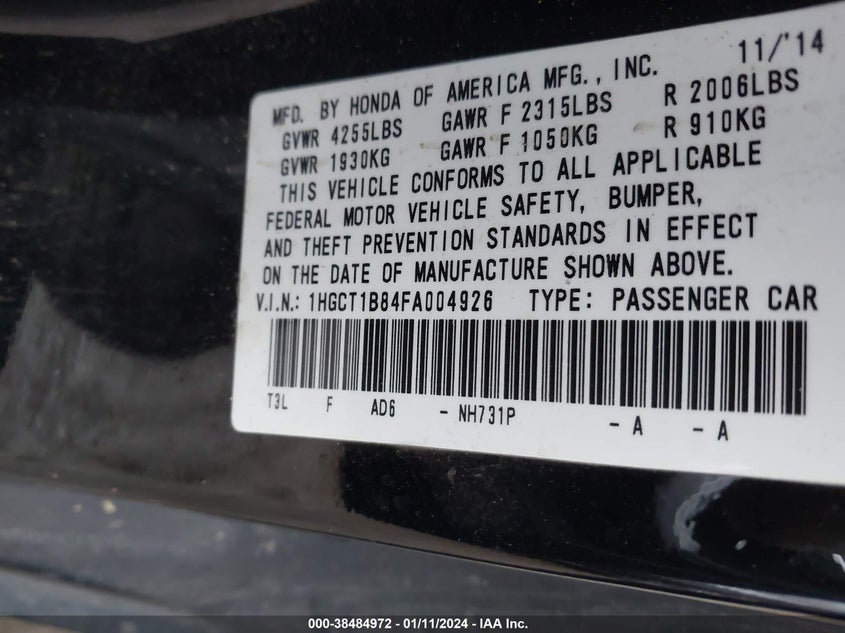 1HGCT1B84FA004926 2015 Honda Accord Ex-L