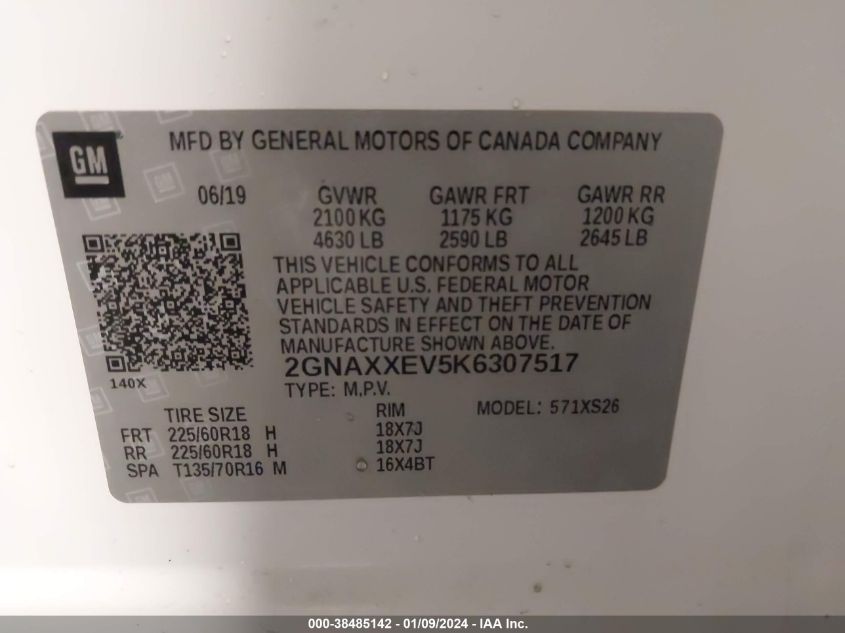 2019 Chevrolet Equinox Premier VIN: 2GNAXXEV5K6307517 Lot: 38485142