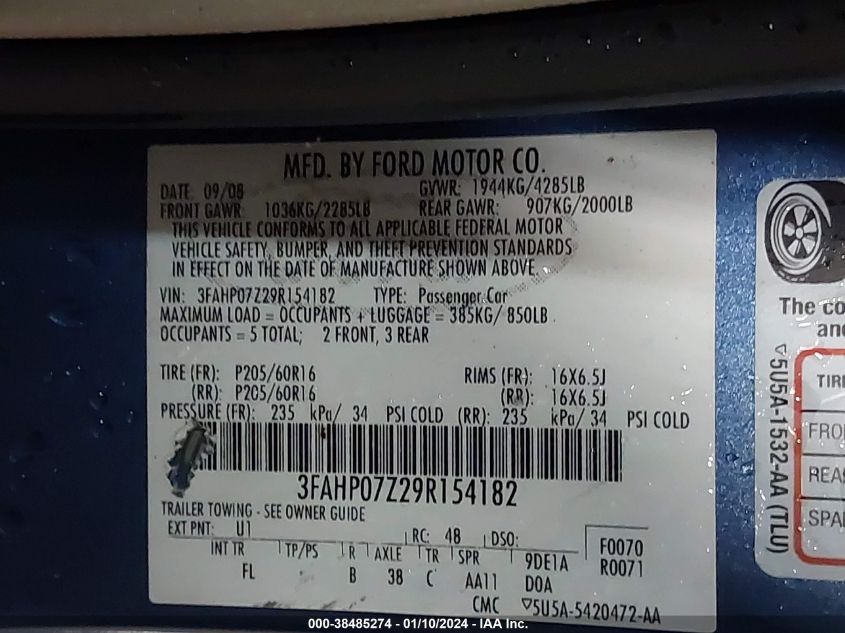 3FAHP07Z29R154182 2009 Ford Fusion Se