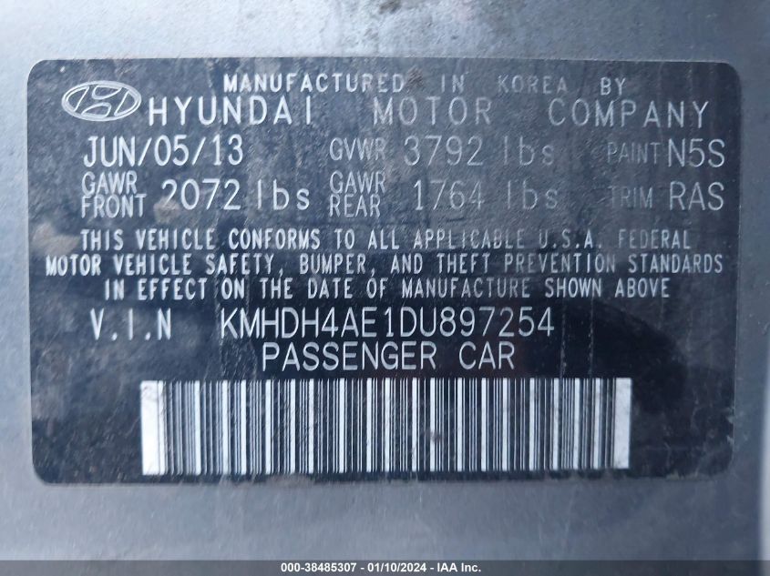 2013 Hyundai Elantra Gls (Ulsan Plant) VIN: KMHDH4AE1DU897254 Lot: 38485307