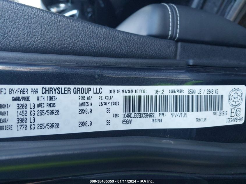 2013 Dodge Durango Citadel VIN: 1C4RDJEG5DC584651 Lot: 38485359