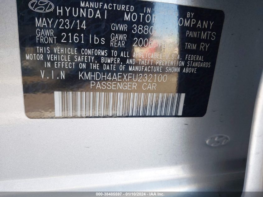 2015 Hyundai Elantra Se (Ulsan Plant) VIN: KMHDH4AEXFU232100 Lot: 38485597