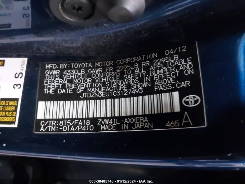 JTDZN3EU1C3127493 2012 Toyota Prius V Three