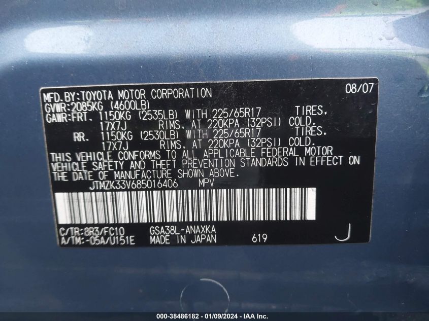 JTMZK33V685016406 2008 Toyota Rav4 Base V6