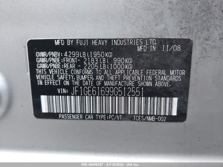 2009 Subaru Impreza 2.5I VIN: JF1GE61699G512551 Lot: 38486387