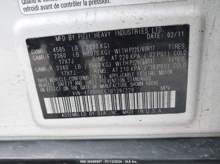 2011 Subaru Outback 2.5I Premium VIN: 4S4BRBCC7B1397229 Lot: 38486957