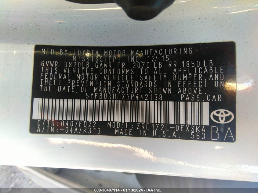 5YFBURHEXGP442138 2016 TOYOTA COROLLA photo no. 9