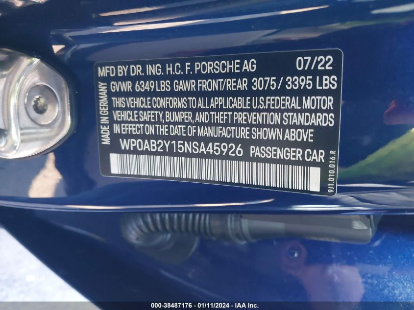 2022 Porsche Taycan 4S VIN: WP0AB2Y15NSA45926 Lot: 38487176