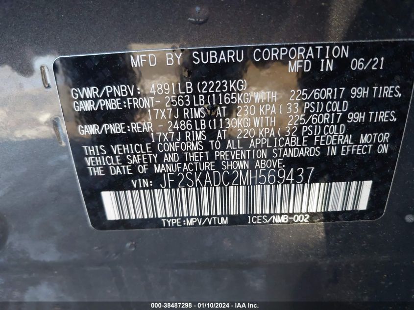 2021 Subaru Forester VIN: JF2SKADC2MH569437 Lot: 38487298