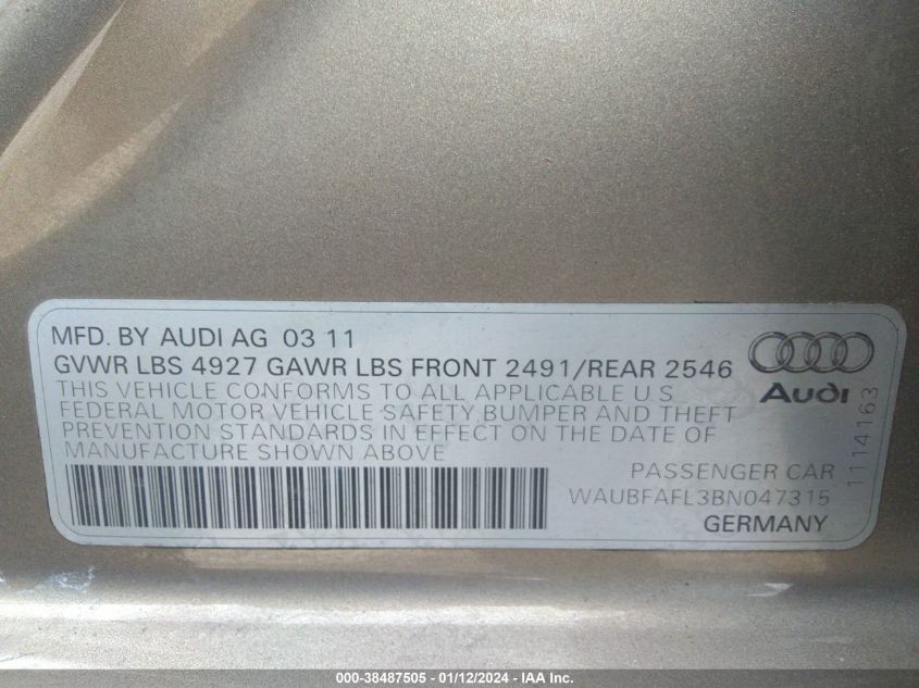 2011 Audi A4 2.0T Premium VIN: WAUBFAFL3BN047315 Lot: 38487505