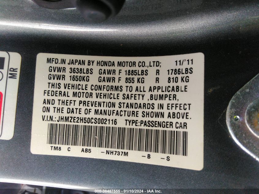 JHMZE2H50CS002116 2012 Honda Insight Lx