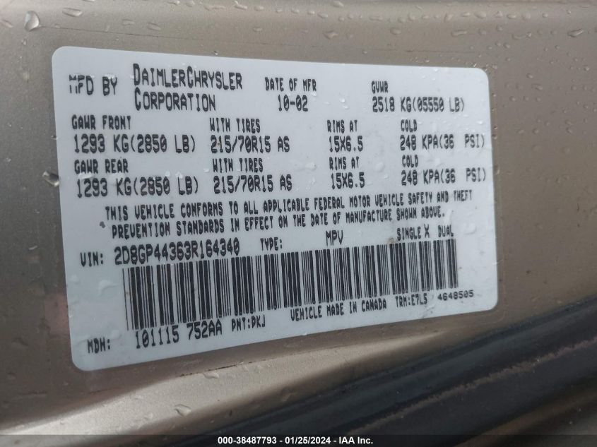 2003 Dodge Grand Caravan Sport VIN: 2D8GP44363R164340 Lot: 38487793