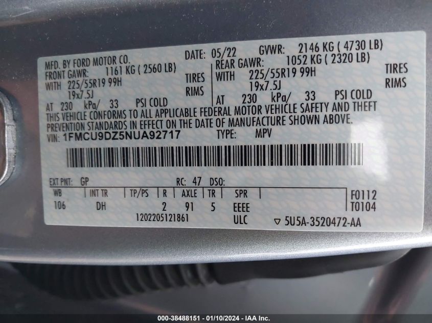 2022 Ford Escape Titanium Hybrid VIN: 1FMCU9DZ5NUA92717 Lot: 38488151