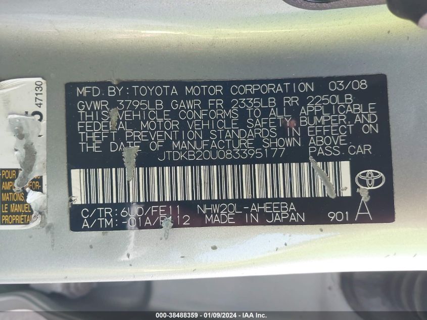 JTDKB20U083395177 2008 Toyota Prius