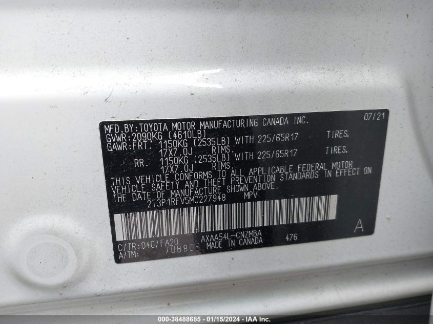 2T3P1RFV5MC227948 2021 Toyota Rav4 Xle