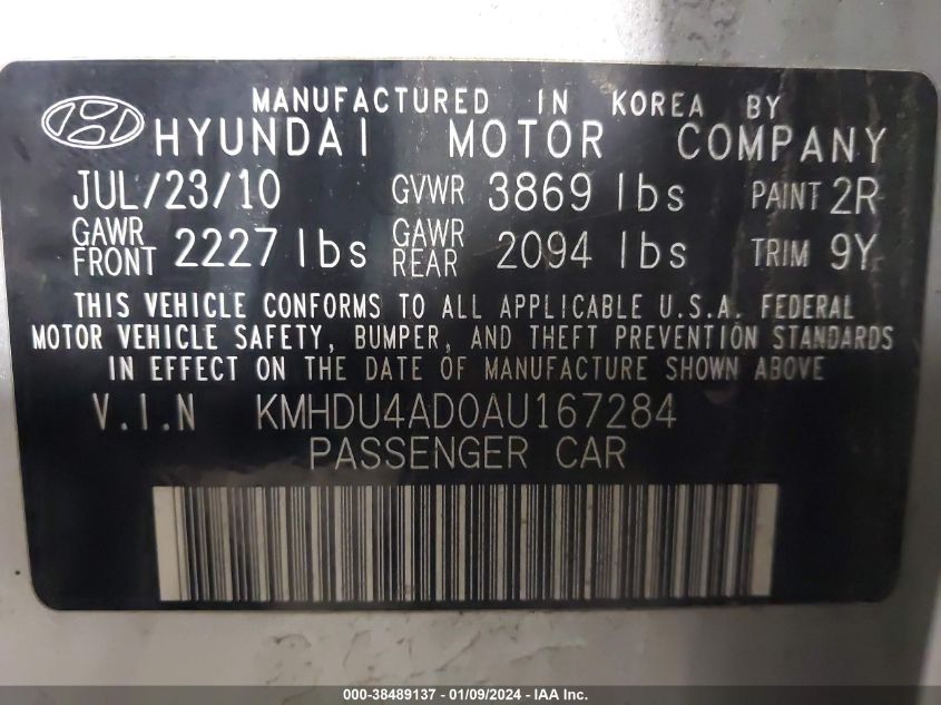 KMHDU4AD0AU167284 2010 Hyundai Elantra Gls