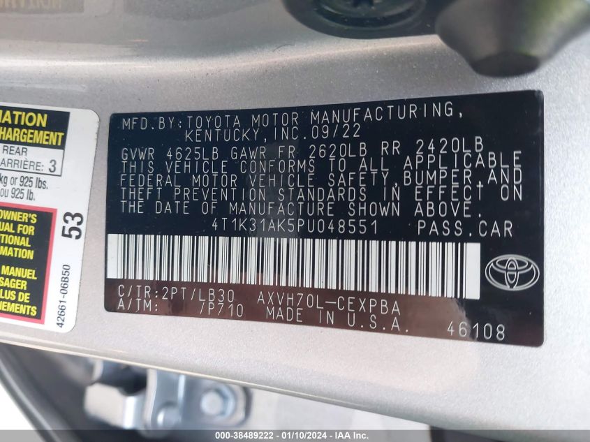 2023 Toyota Camry Xse Hybrid VIN: 4T1K31AK5PU048551 Lot: 38489222