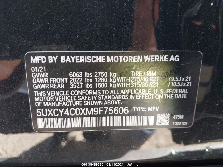 2021 BMW X6 Sdrive40I VIN: 5UXCY4C0XM9F75606 Lot: 39059922