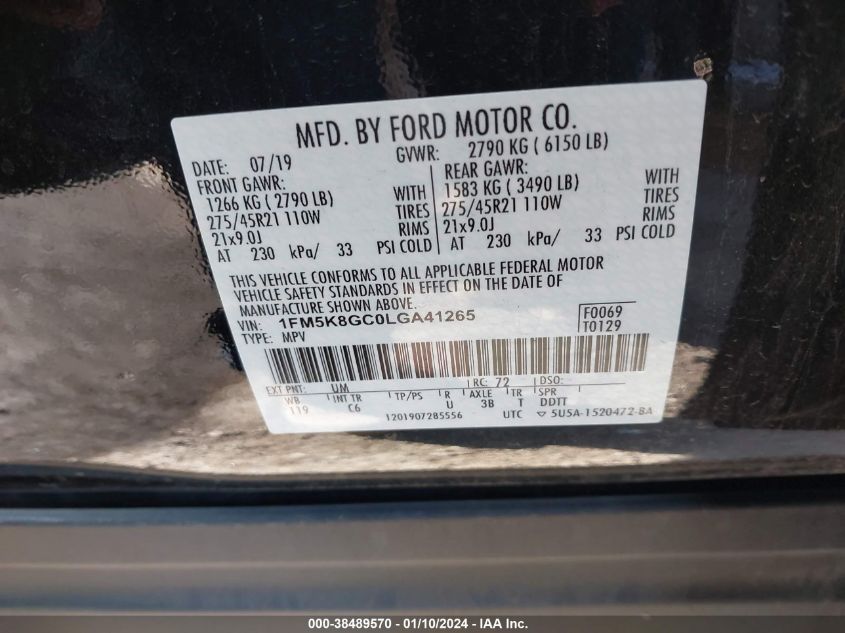 2020 Ford Explorer St VIN: 1FM5K8GC0LGA41265 Lot: 38489570