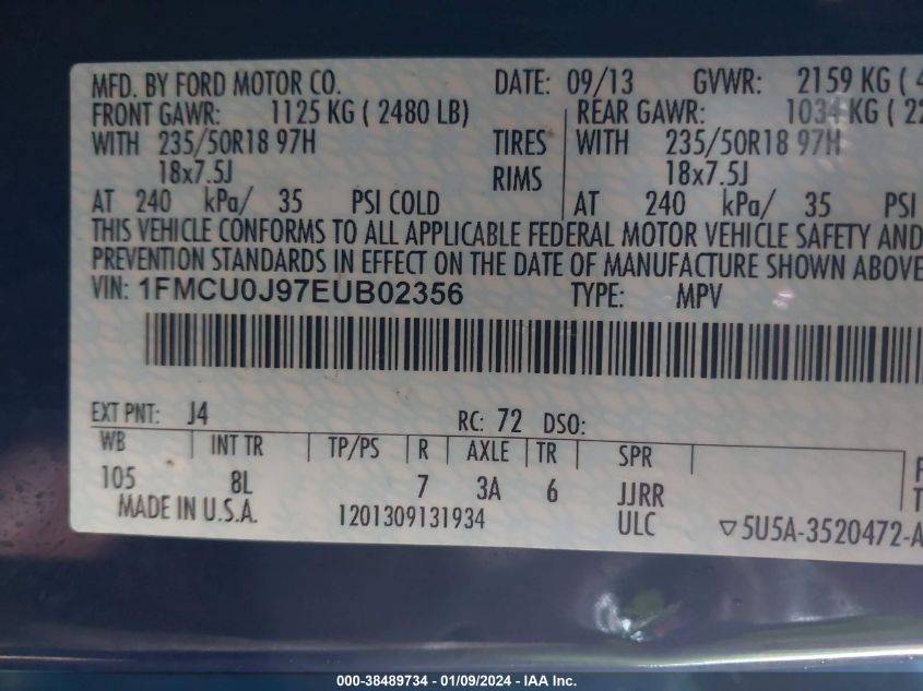 2014 Ford Escape Titanium VIN: 1FMCU0J97EUB02356 Lot: 38489734