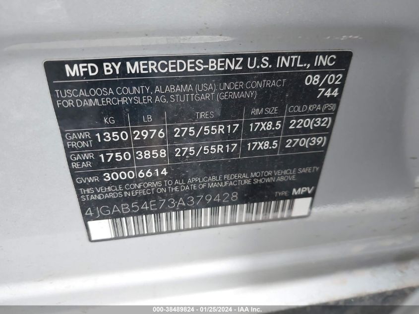 2003 Mercedes-Benz Ml 320 VIN: 4JGAB54E73A379428 Lot: 38489824