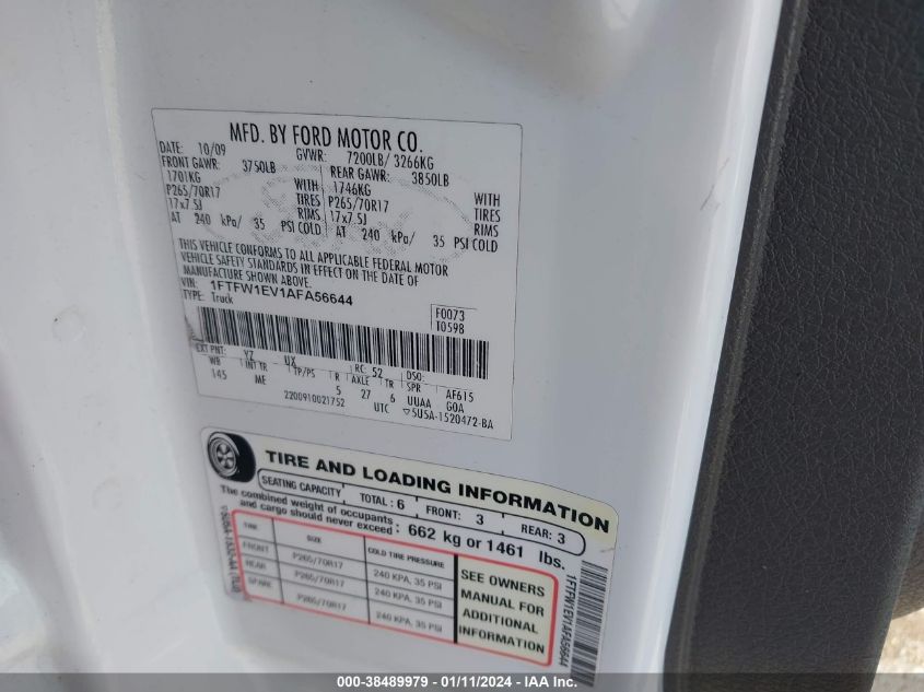 2010 Ford F-150 Fx4/Lariat/Xl/Xlt VIN: 1FTFW1EV1AFA56644 Lot: 38489979