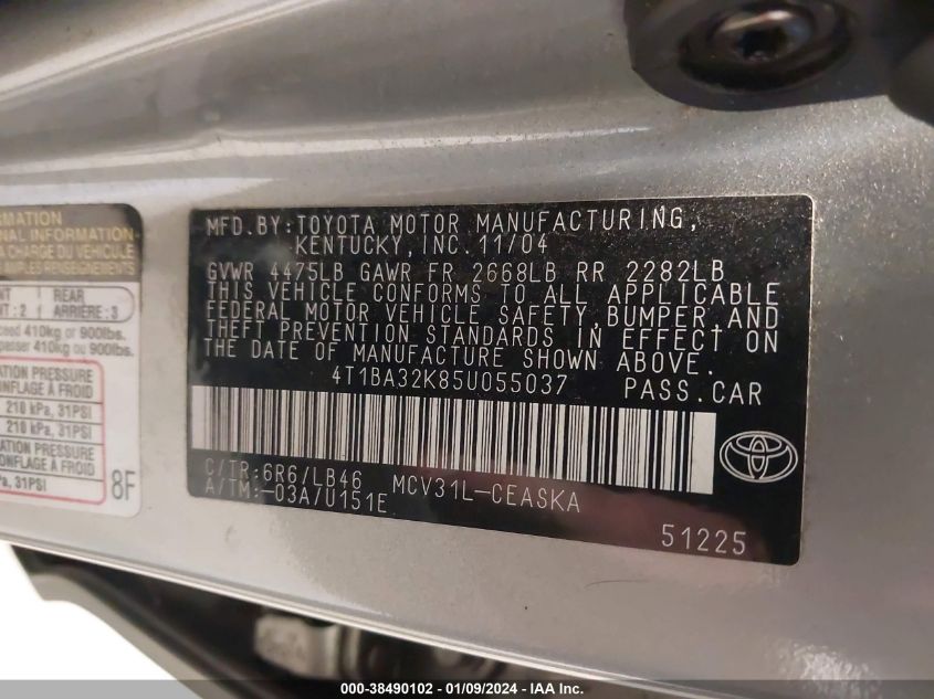 4T1BA32K85U055037 2005 Toyota Camry Se V6