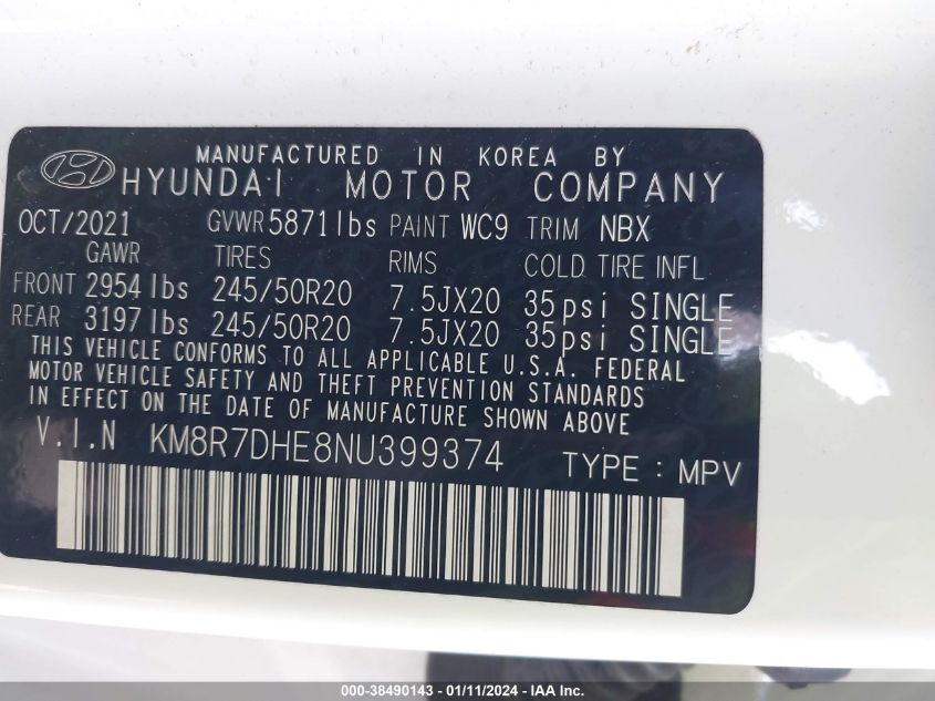 2022 Hyundai Palisade Calligraphy VIN: KM8R7DHE8NU399374 Lot: 38490143