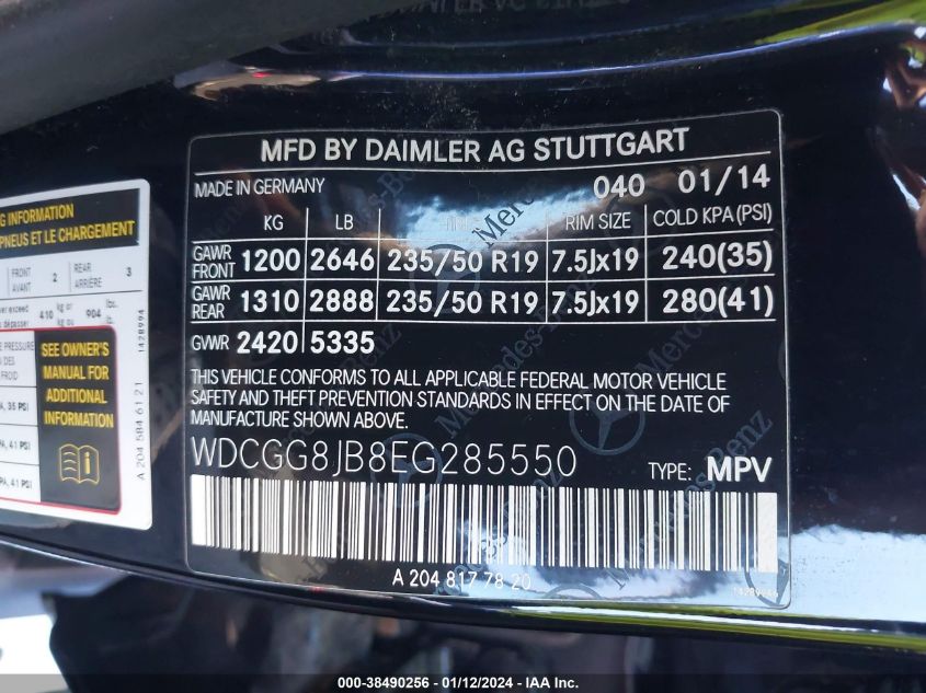 2014 Mercedes-Benz Glk 350 4Matic VIN: WDCGG8JB8EG285550 Lot: 38490256