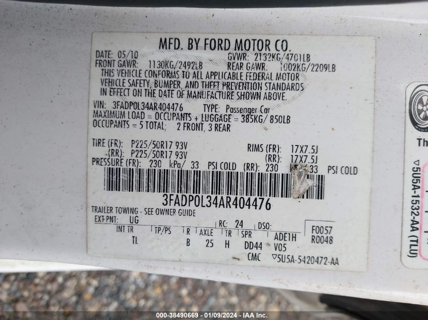 2010 Ford Fusion Hybrid VIN: 3FADP0L34AR404476 Lot: 39140542