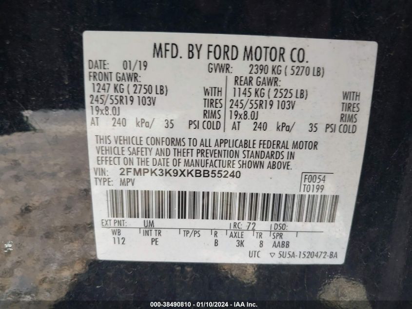 2FMPK3K9XKBB55240 2019 Ford Edge Titanium