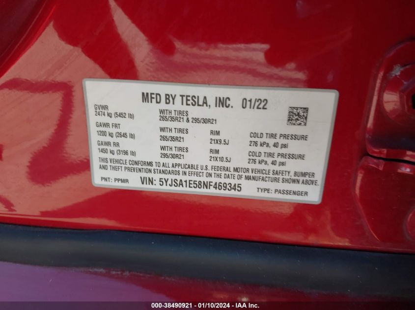 2022 Tesla Model S Dual Motor All-Wheel Drive VIN: 5YJSA1E58NF469345 Lot: 38490921