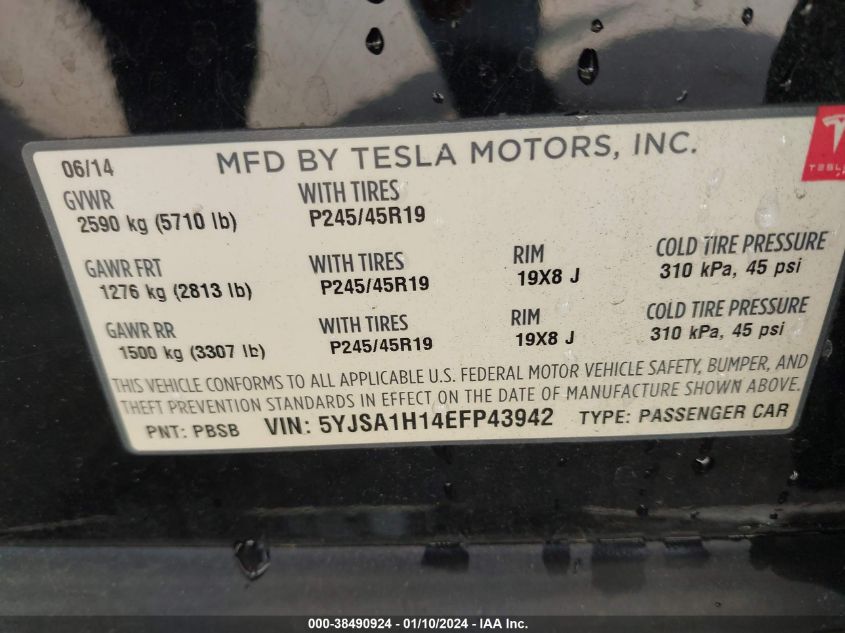 5YJSA1H14EFP43942 2014 Tesla Model S P85