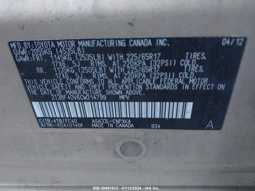 2T3BF4DV6CW214799 2012 Toyota Rav4