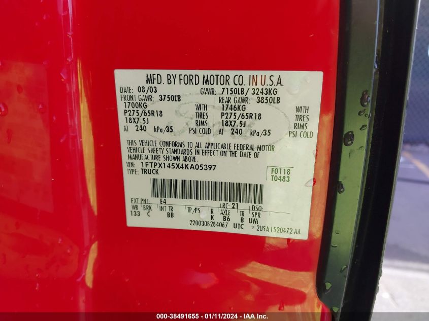 2004 Ford F-150 Fx4/Lariat/Xl/Xlt VIN: 1FTPX145X4KA05397 Lot: 38491655