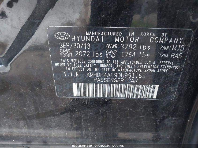 2013 Hyundai Elantra Gls (Ulsan Plant) VIN: KMHDH4AE9DU991169 Lot: 38491760