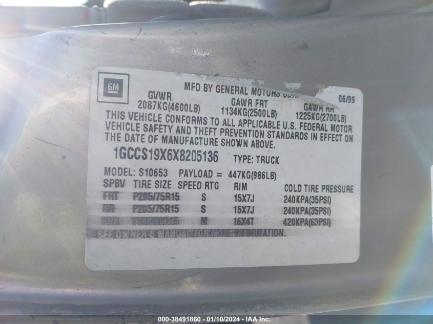 1999 Chevrolet S-10 Ls VIN: 1GCCS19X6X8205136 Lot: 38491860